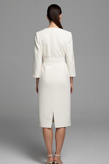 Ivory Sheath Long Sleeve V-Neck Work Dress With Belt